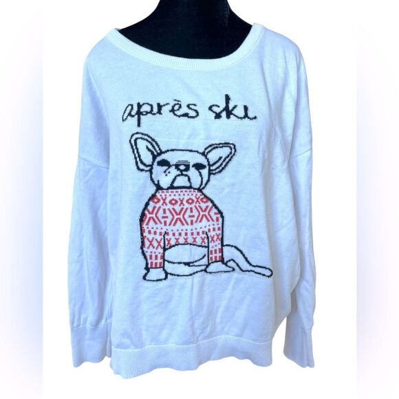 French Connection Apres Ski Frenchie Bulldog Sweater Size Large Lightweight Knit - Picture 4 of 7